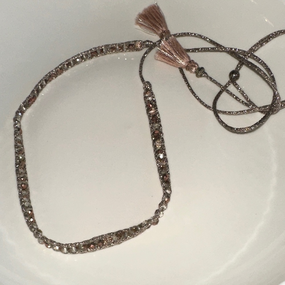 Rose Gold Crystal Slider Necklace Choker with Tassel Ends